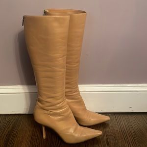 Jimmy Choo beige knee high heeled boots